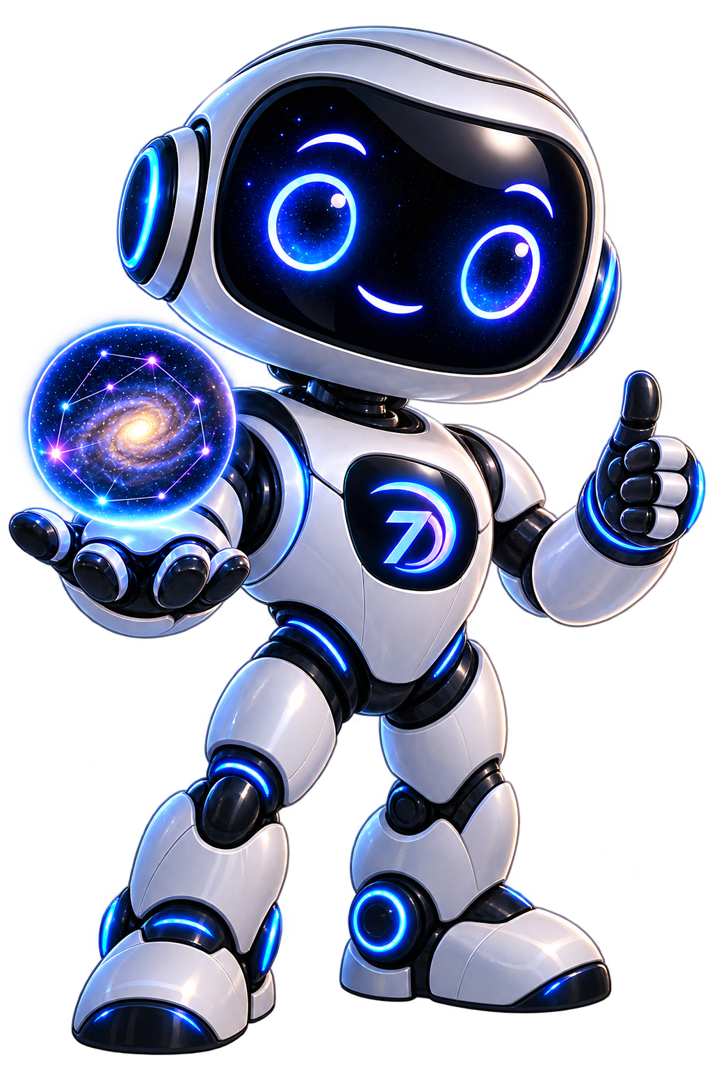 The friendly pearl-white 7D robot with a glowing blue-violet galaxy face, holding a constellation orb
