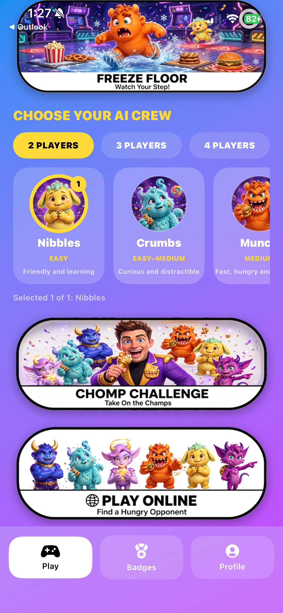 Chomp Champs AI rival selection and online play screen