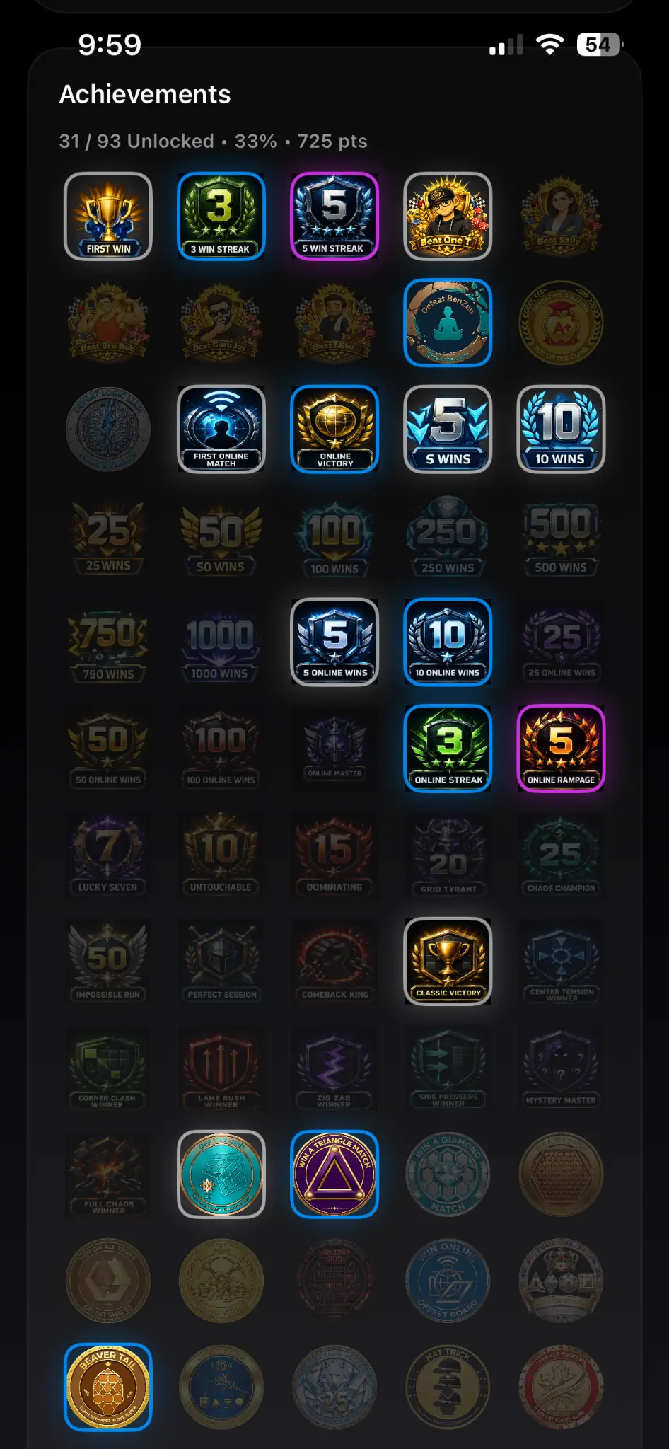 Grid Wars achievement collection showing 93 available achievements