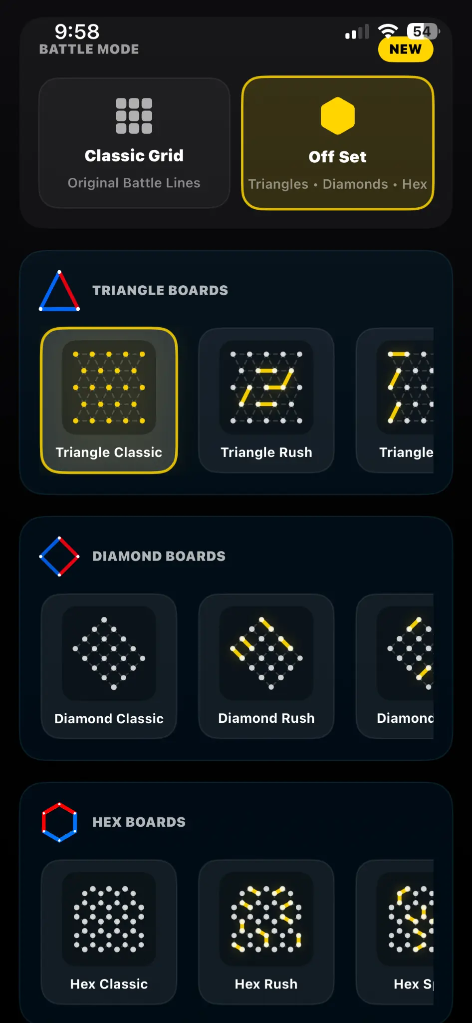 Grid Wars Offset board selection with Triangle, Diamond, and Hex boards
