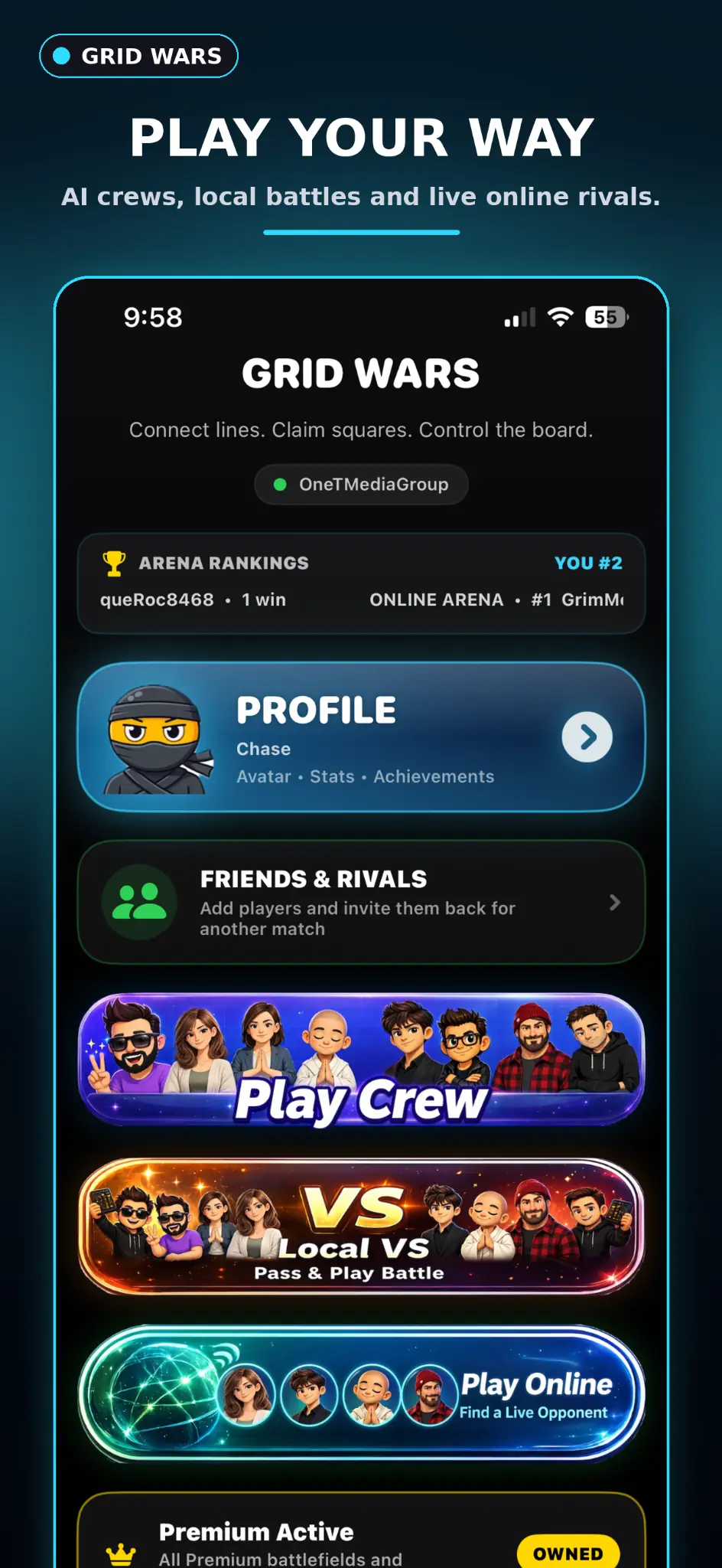 Grid Wars profile, Friends and Rivals, AI crew, Local VS and online play options